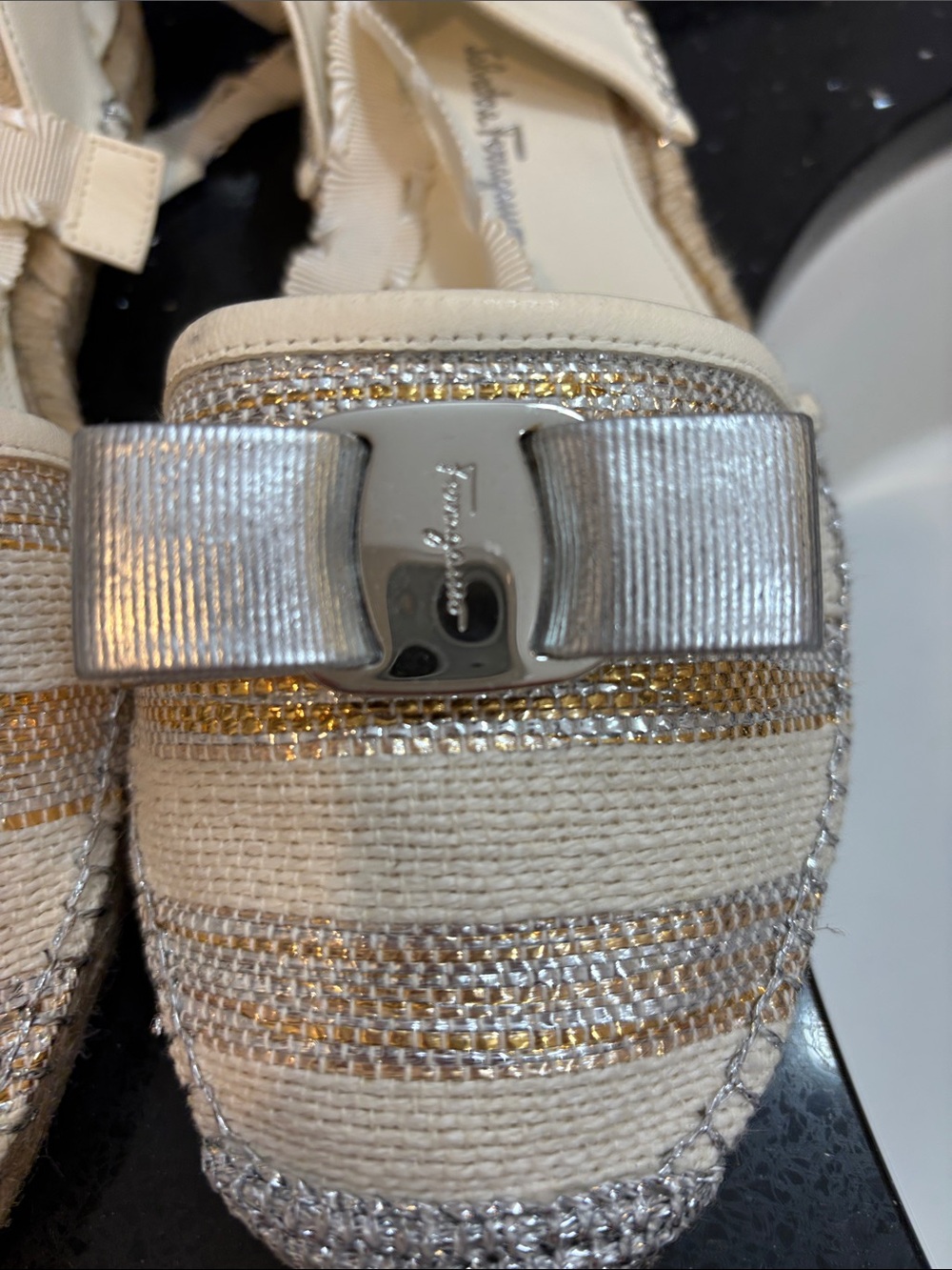 NWOT Salvatore Ferragamo Cream and Silver Ribbon Espadrille Wedges - Picture 3 of 9